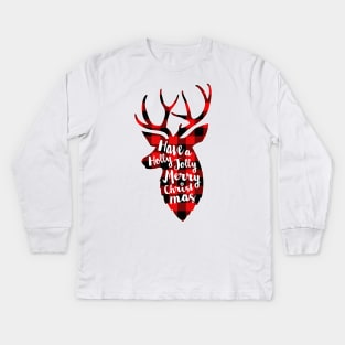 Reindeer Red Plaid Vintage Merry Xmas Buffalo Deer Christmas Family Pajama Gift Kids Long Sleeve T-Shirt